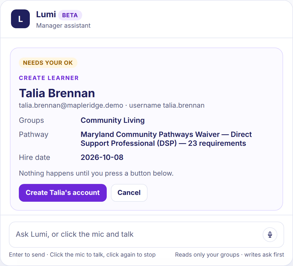 Lumi shows a confirmation card before creating a fictional learner, including the group, the pathway, and the hire date.