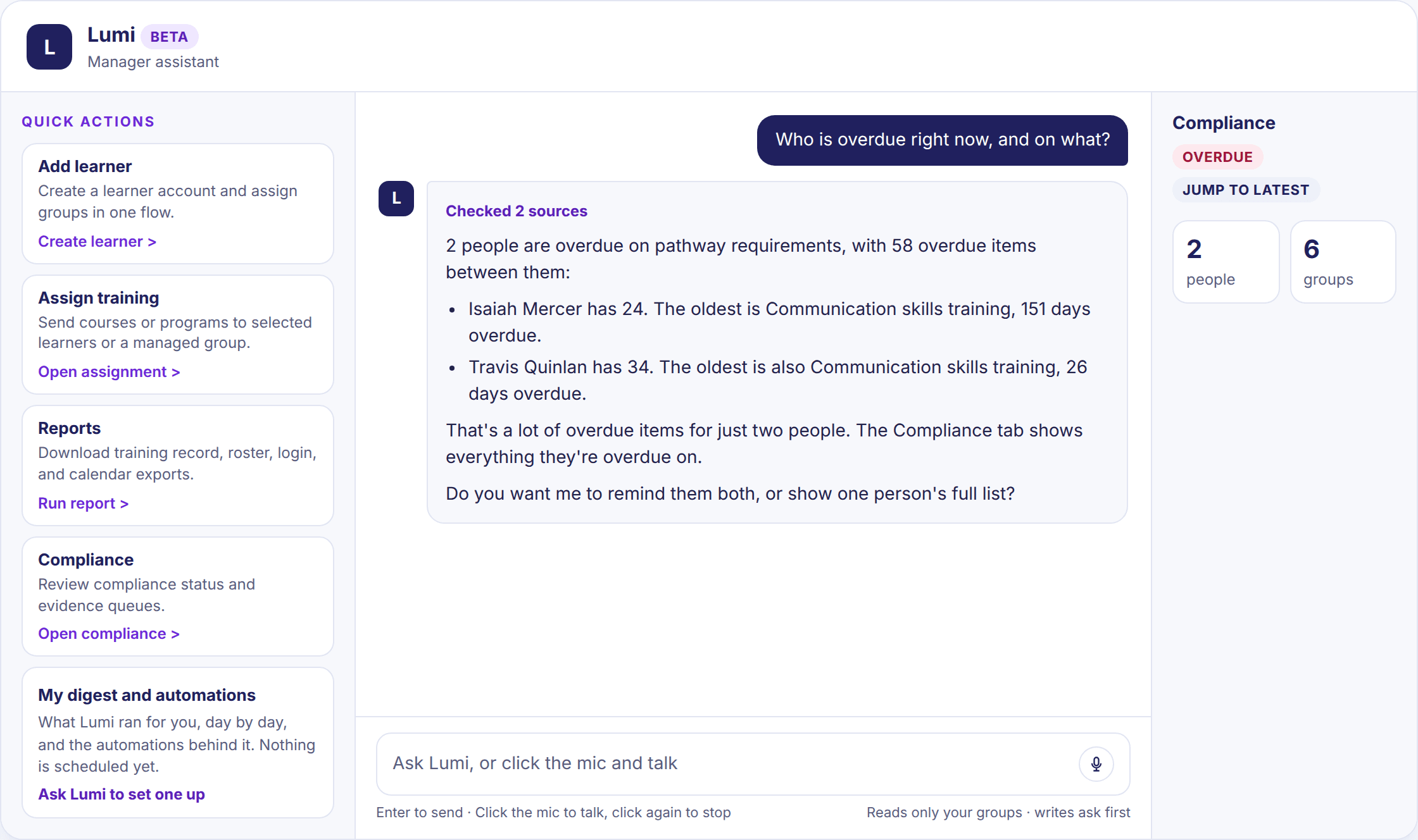 Lumi, labeled Beta and manager assistant, answers who is overdue on pathway requirements. The names are fictional demo data.