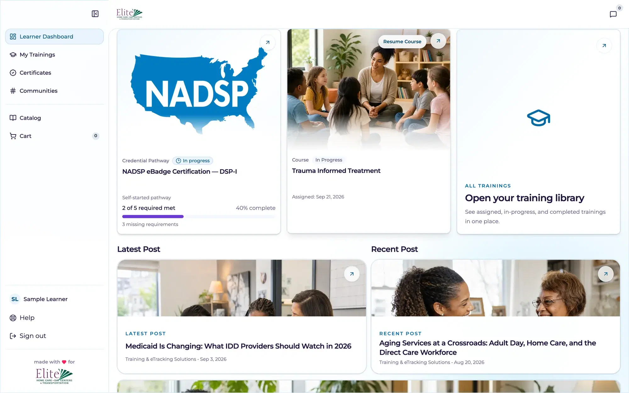 A learner dashboard in the Training & eTracking Solutions platform: an NADSP credential pathway in progress, an assigned course, the training library, and the latest posts
