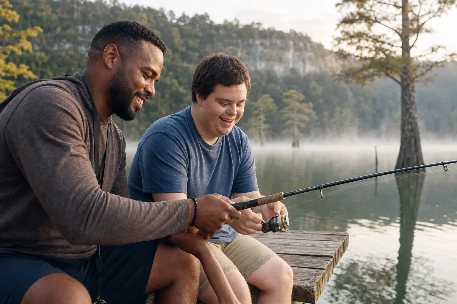 A direct support professional and an adult with a developmental disability fishing from a dock on an Ozark lake at sunrise