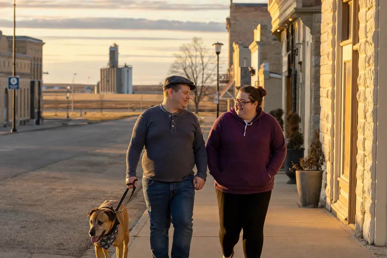 A direct support professional and an adult with a developmental disability walking together on a small-town Kansas main street at golden hour